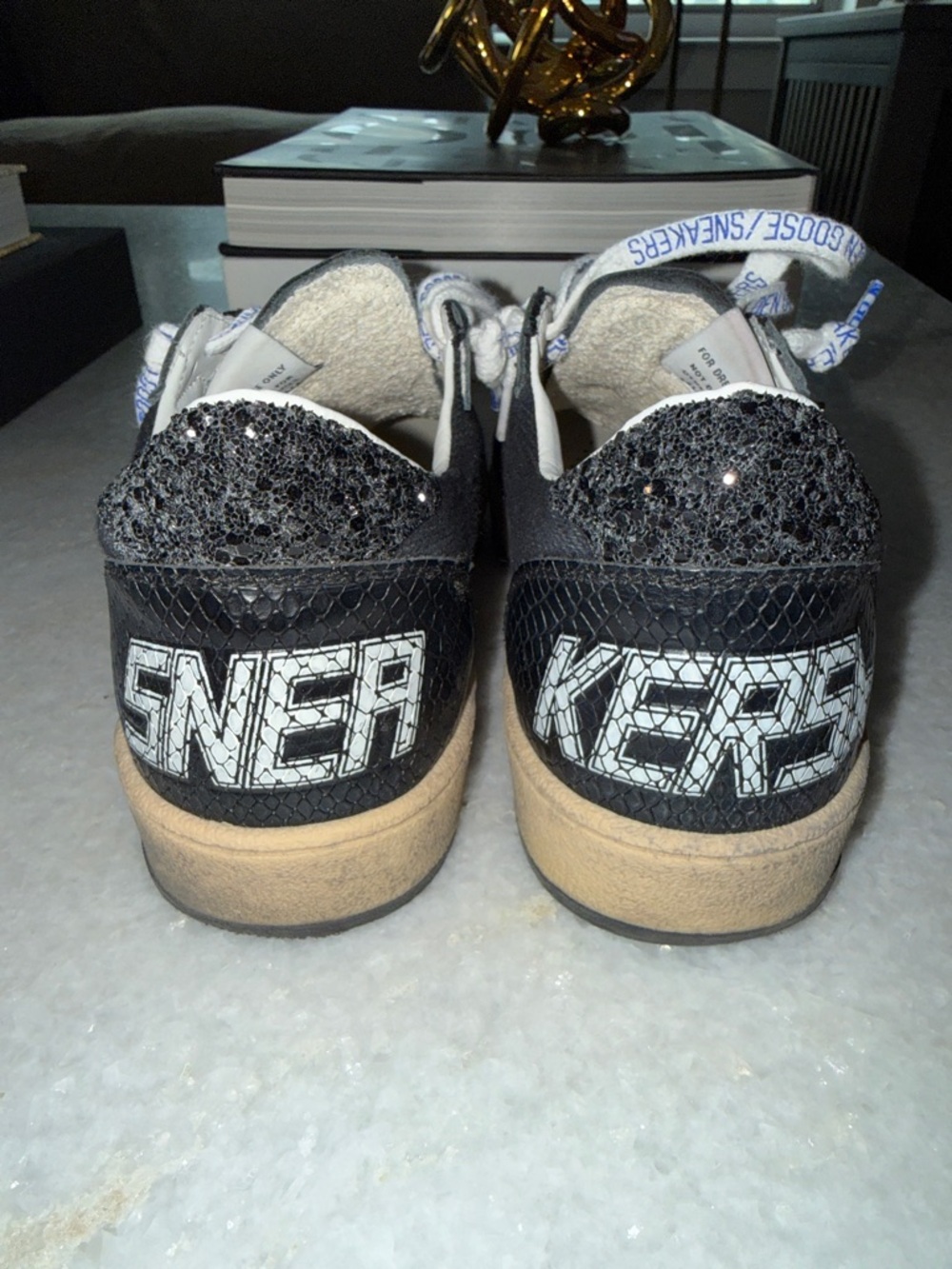 LIKE NEW Golden Goose Black Sneakers with Gold Star and Pink Script - Picture 4 of 8